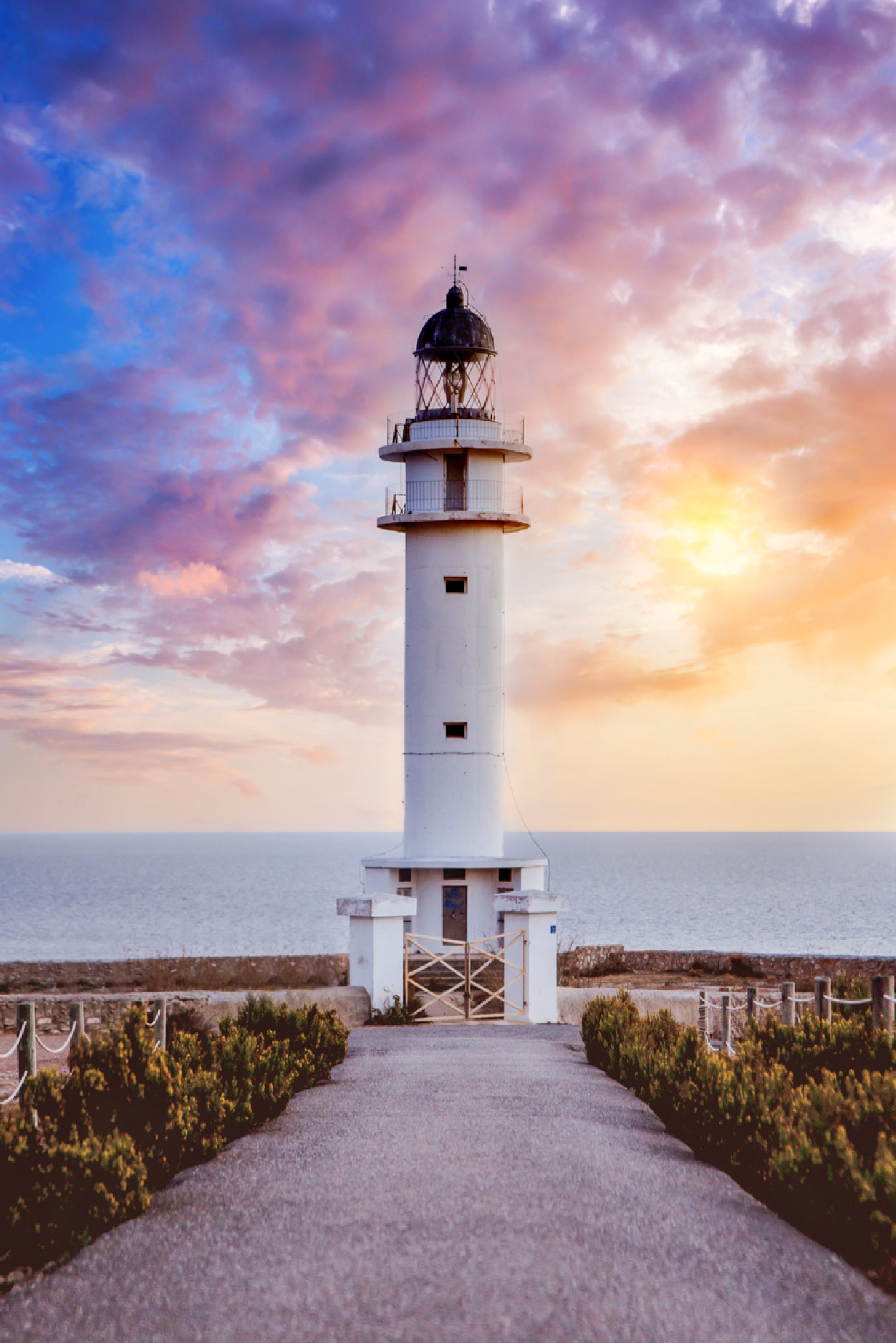 Road Leading To Lighthouse sunset Glass Framed Wall Art, Ready to Hang Quality Print