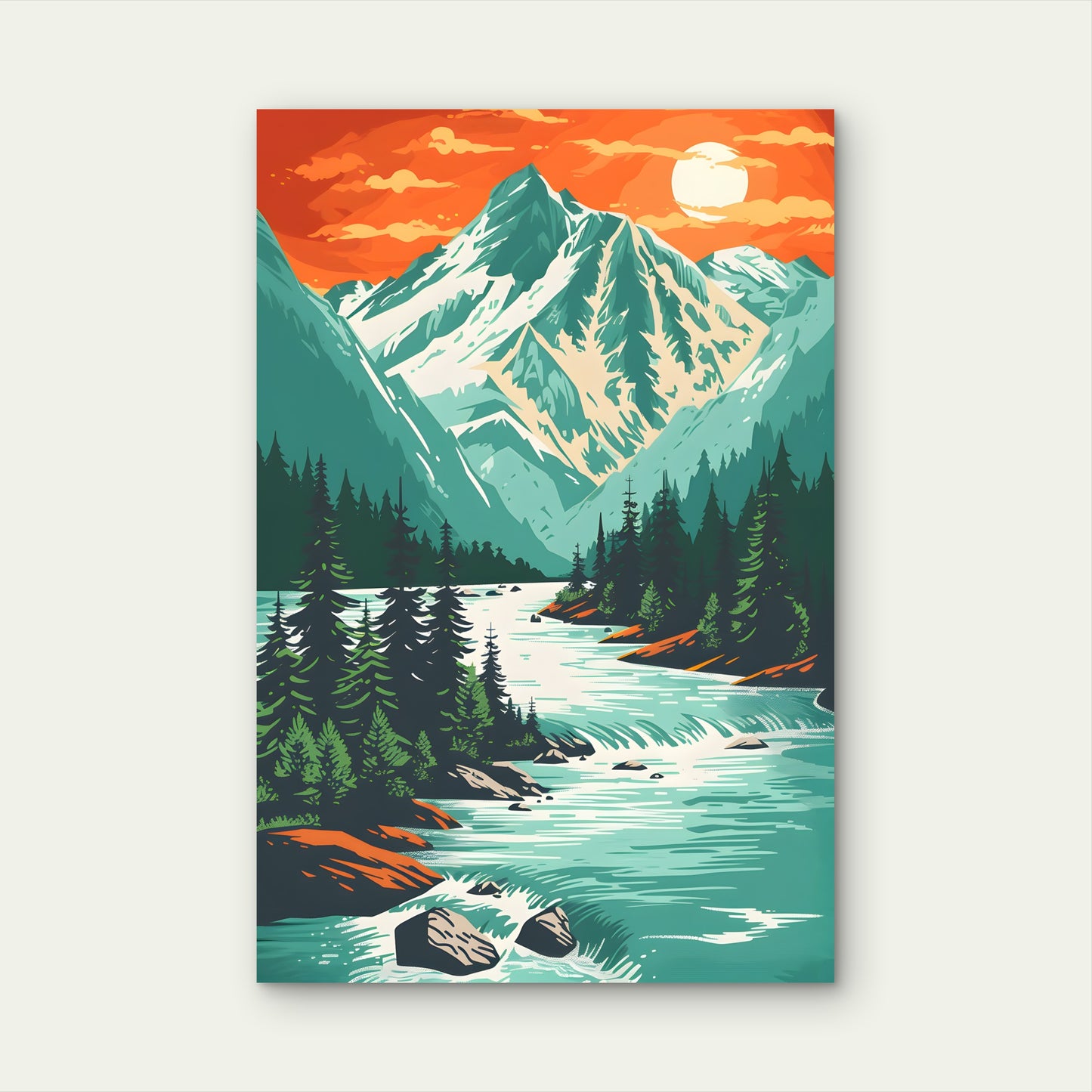 Snow Mountain River Pines Sun 60x90cm Metal Print Ready to Hang