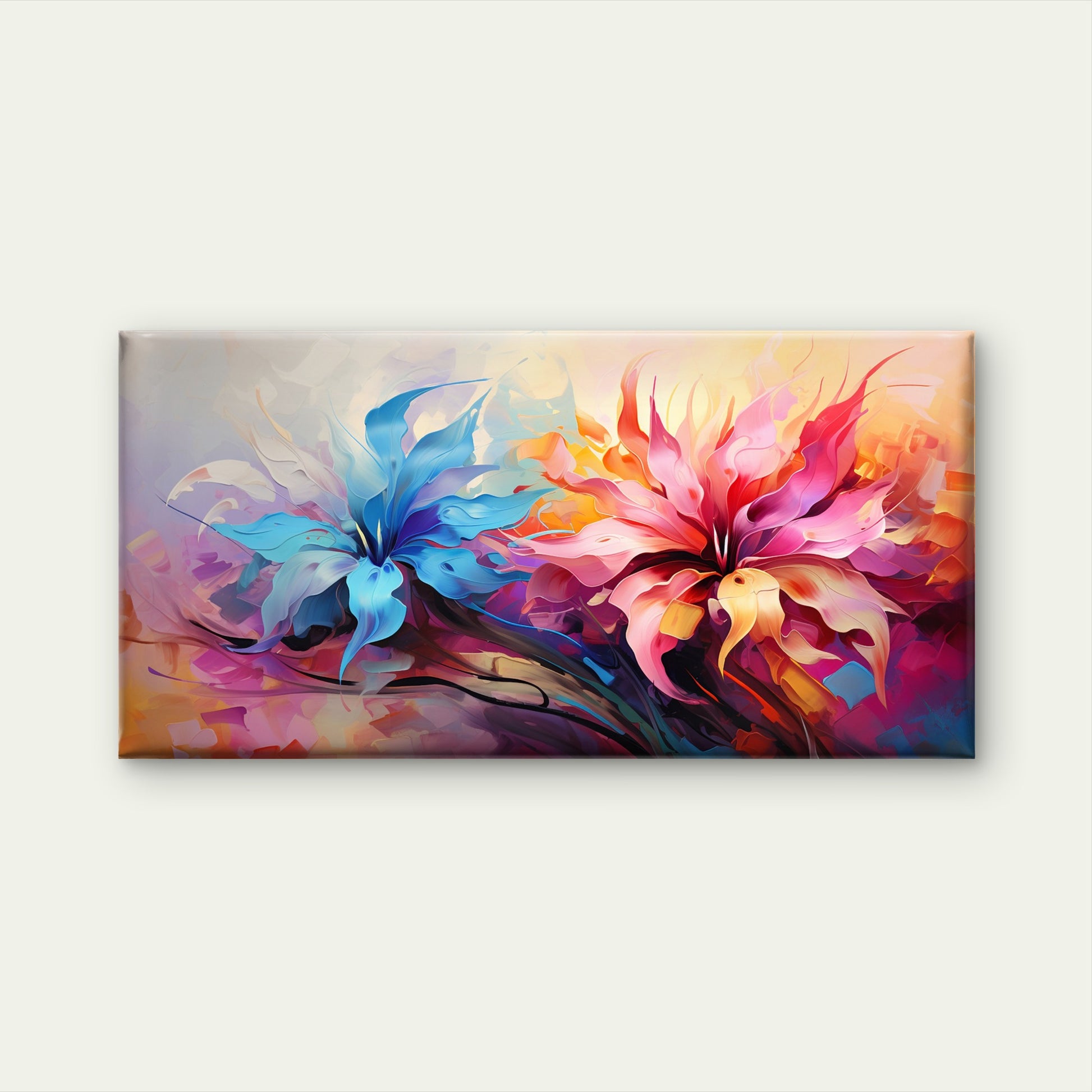 Bright Blue Pink Abstract Flowers Wall Art Canvas Office Home Room Framed 120x60cm - Bella Home Decor