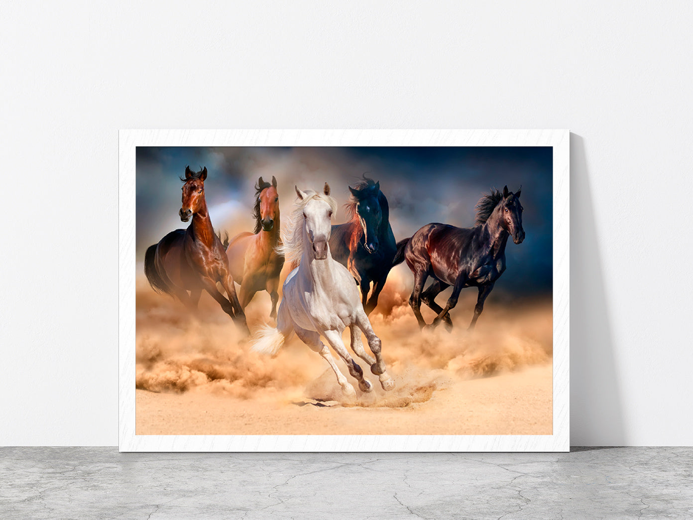 Horse Herd Run In Desert Sand Glass Framed Wall Art, Ready to Hang Quality Print Without White Border White