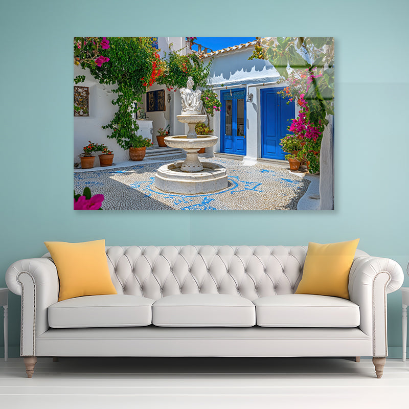 Fountain in a Courtyard, Flowers, Houseplant Acrylic Glass Print Tempered Glass Wall Art 100% Made in Australia Ready to Hang - Bella Home Decor