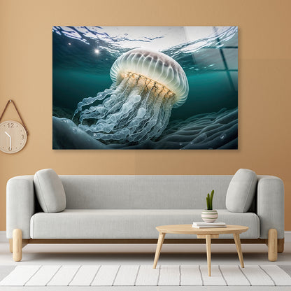 White Jellyfish Floating In the Water Acrylic Glass Print Tempered Glass Wall Art 100% Made in Australia Ready to Hang - Bella Home Decor