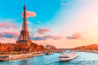 Boat Traveling Down a River Next to The Eiffel Tower Wall Art Decor 100% Australian Made