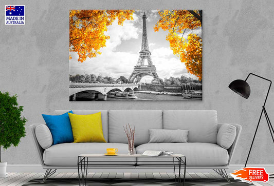 B&W Bridge near Eiffel Tower with Autumn Tree Photograph 90x60cm Print 100% Australian Made