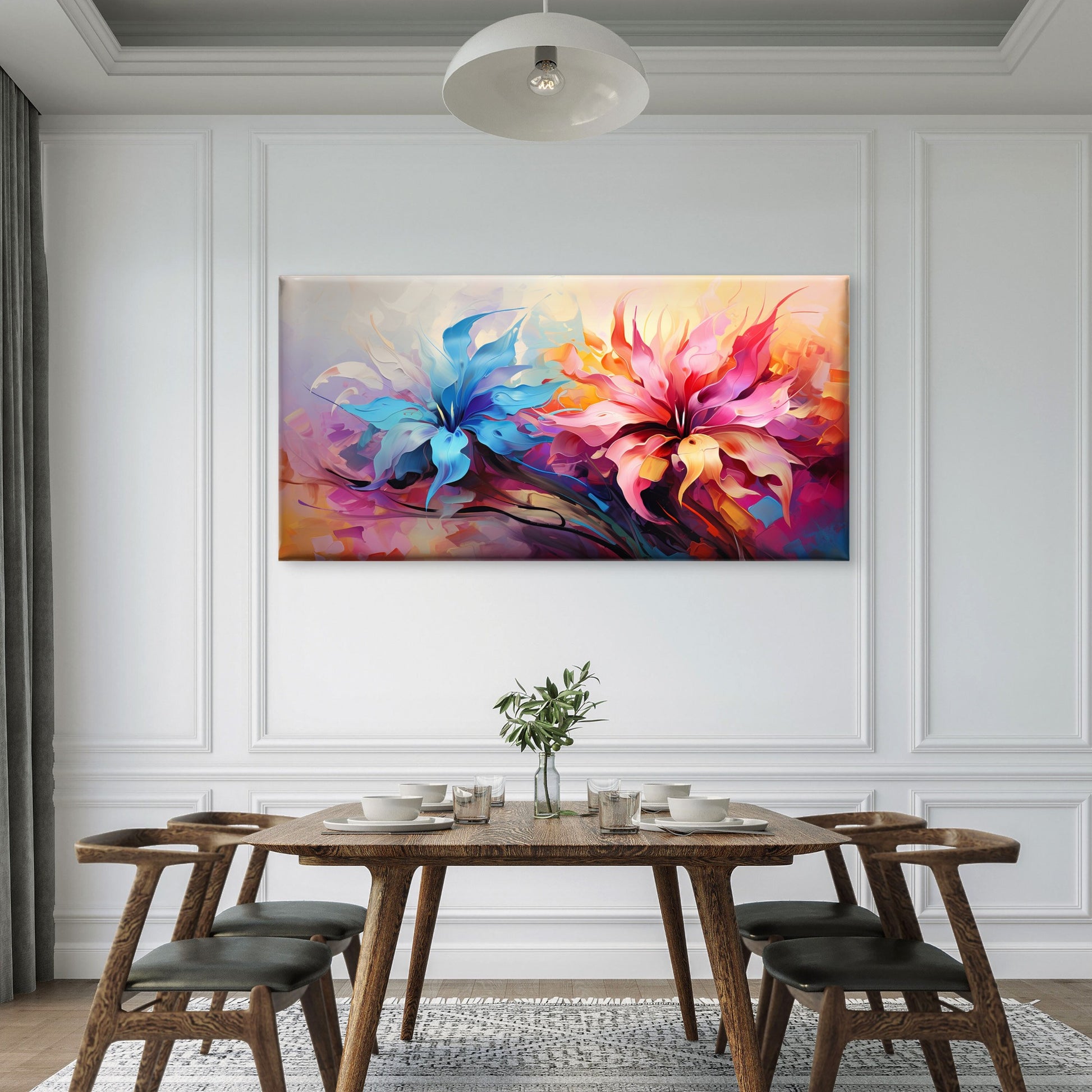 Bright Blue Pink Abstract Flowers Wall Art Canvas Office Home Room Framed 120x60cm - Bella Home Decor