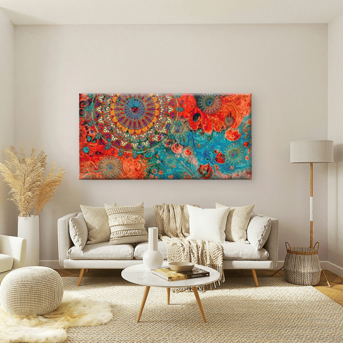 Boho Mandala Teal Orange Pattern Wall Art Canvas Office Home Room Framed 120x60cm - Bella Home Decor