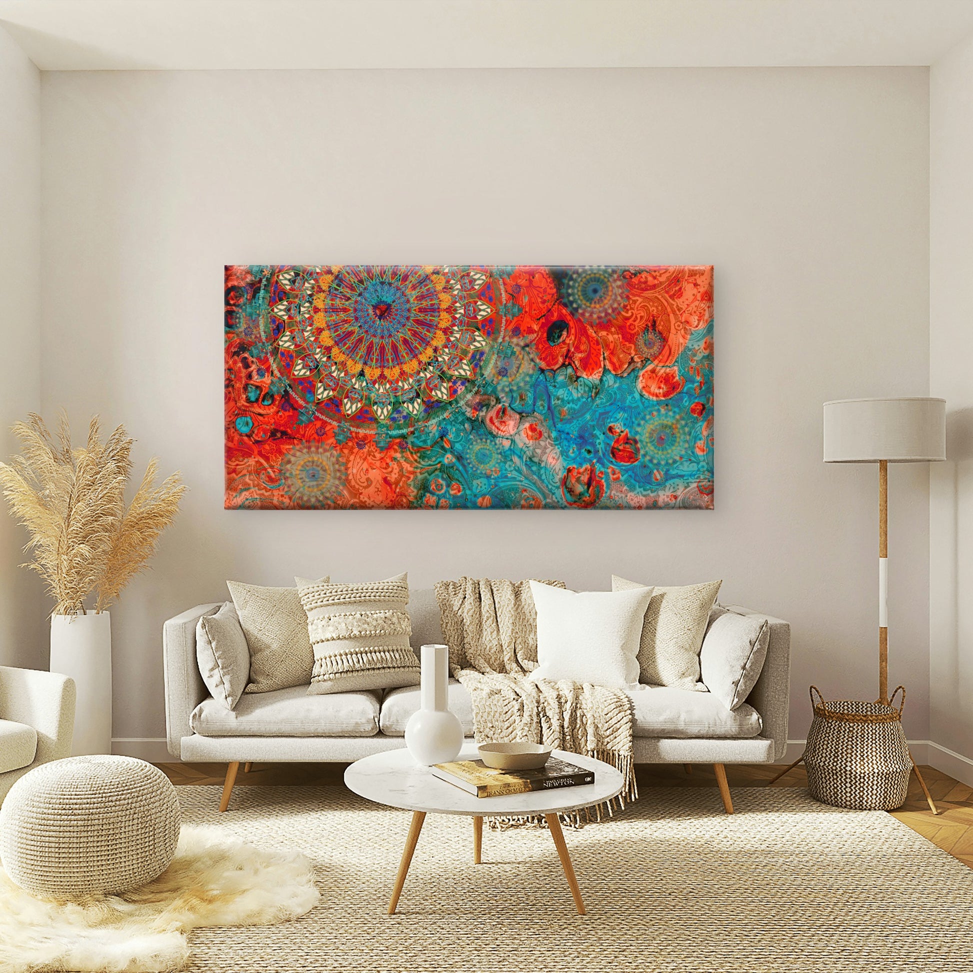 Boho Mandala Teal Orange Pattern Wall Art Canvas Office Home Room Framed 120x60cm - Bella Home Decor