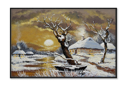 Winter House in the Village & River Night Sky Wall Art Limited Edition High Quality Print Canvas Box Framed Black