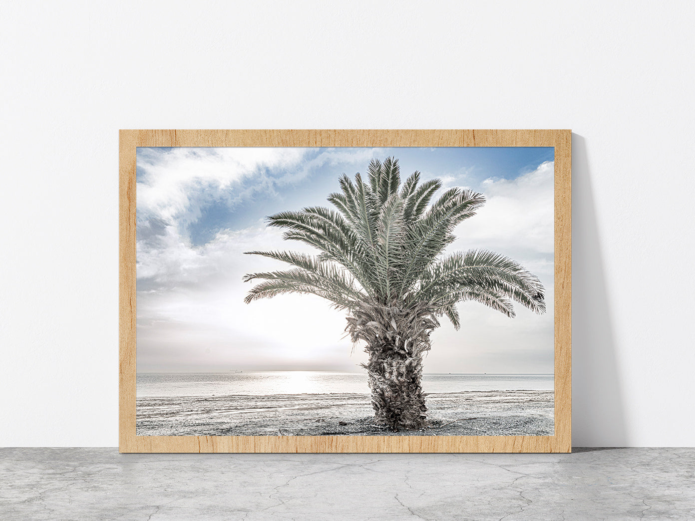 Date Tree near Sea Faded Photograph Glass Framed Wall Art, Ready to Hang Quality Print