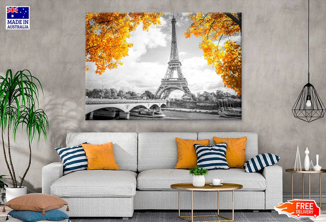 B&W Bridge near Eiffel Tower with Autumn Tree Photograph 90x60cm Print 100% Australian Made