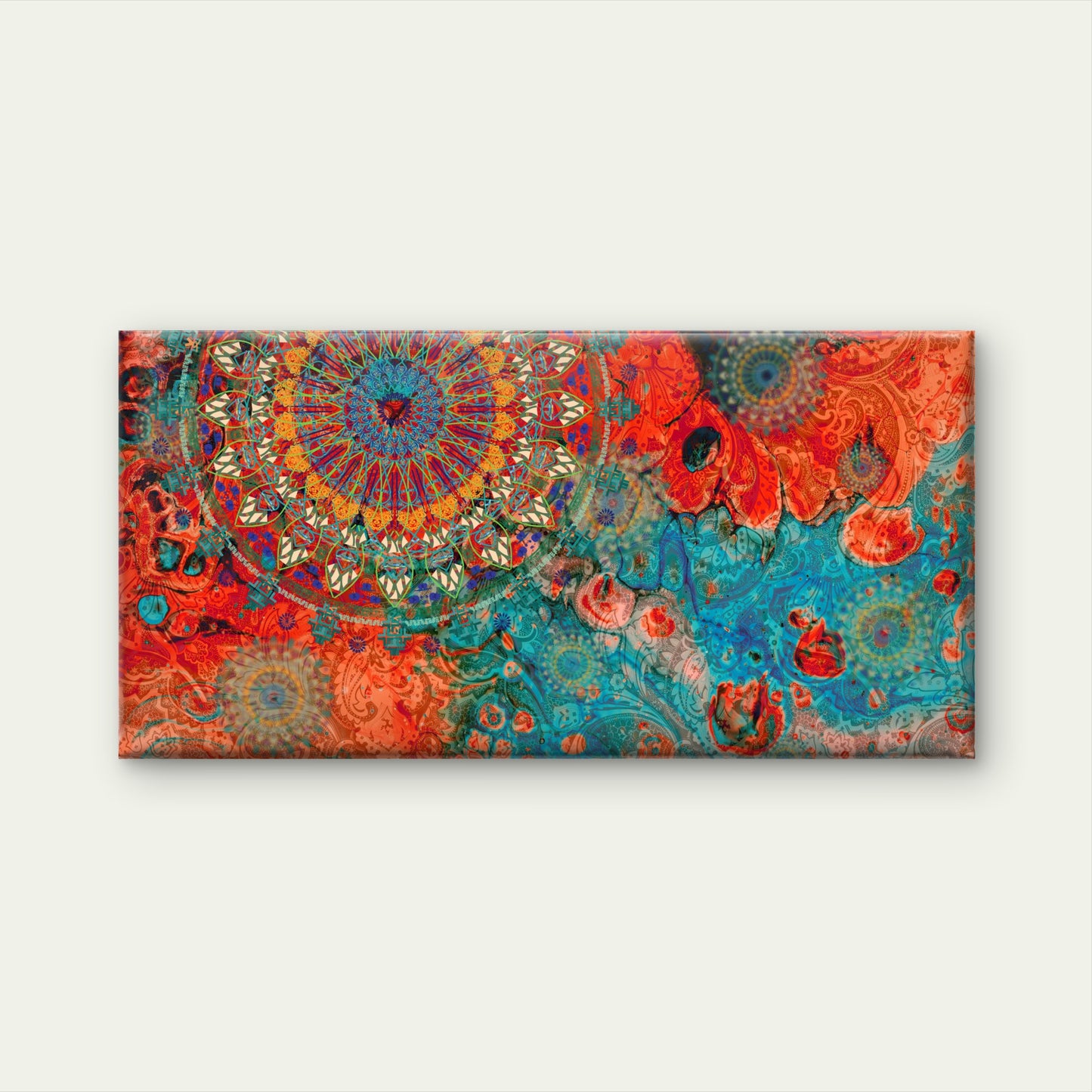 Boho Mandala Teal Orange Pattern Wall Art Canvas Office Home Room Framed 120x60cm - Bella Home Decor