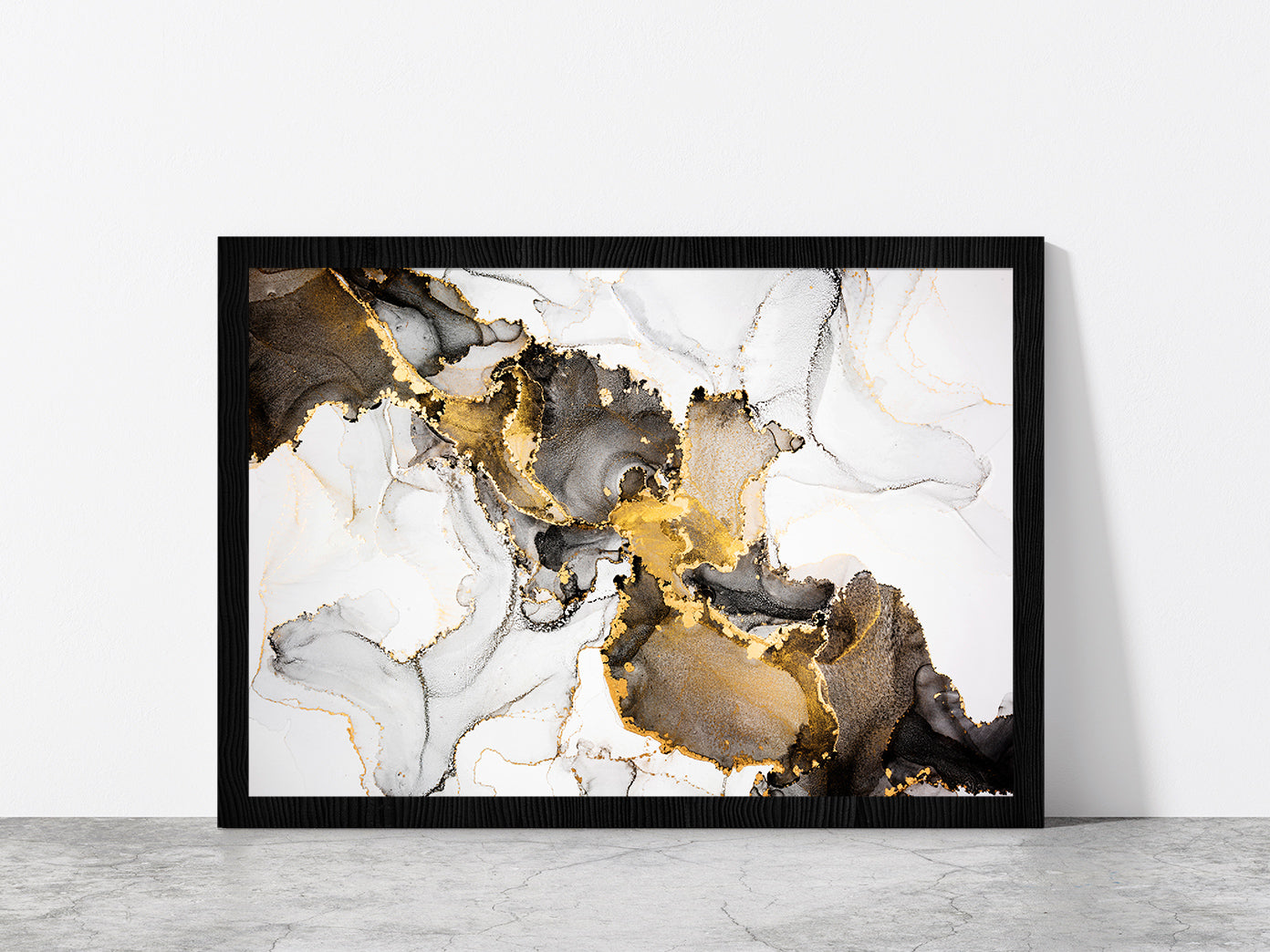 Black White & Gold Abstract Glass Framed Wall Art, Ready to Hang Quality Print Without White Border Black