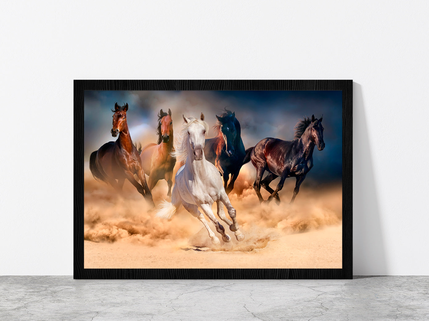 Horse Herd Run In Desert Sand Glass Framed Wall Art, Ready to Hang Quality Print Without White Border Black