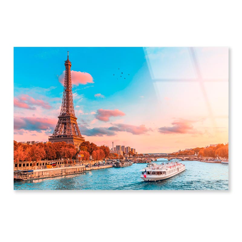 Boat on River & Sunset Eiffel Tower View Acrylic Glass Print Tempered Glass Wall Art 100% Made in Australia Ready to Hang - Bella Home Decor