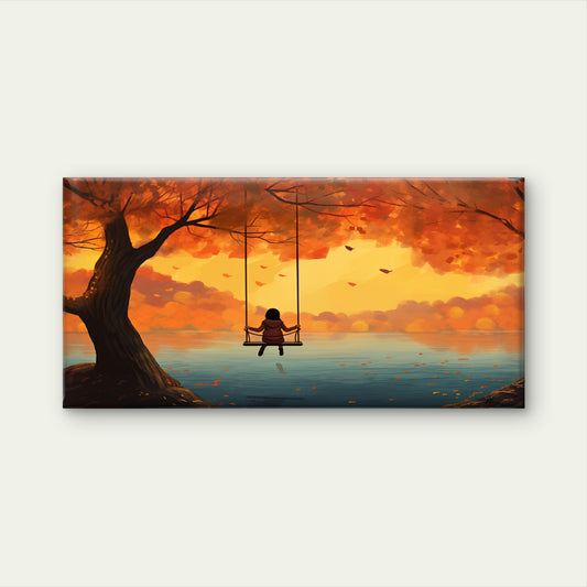 Girl On Swing Autumn Sunset Landscape Wall Art Canvas Office Home Framed 120x60cm