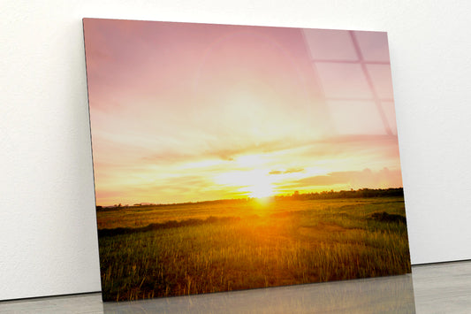 Empty Grassland and Sunset Acrylic Glass Print Tempered Glass Wall Art 100% Made in Australia Ready to Hang