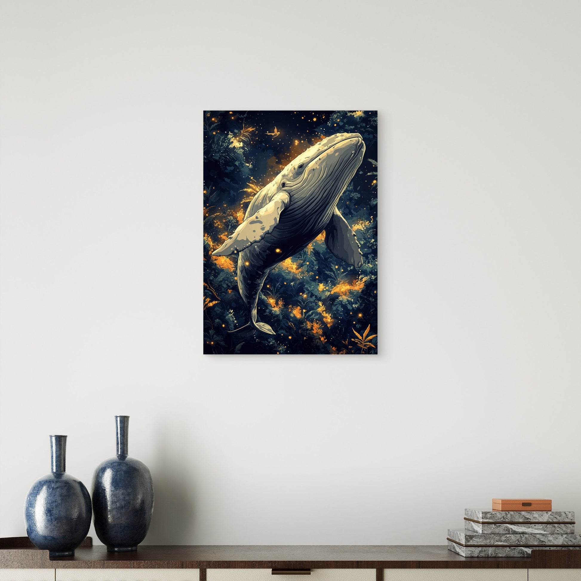 Starry Night Forest Whale 60x90cm Metal Print Ready to Hang - Bella Home Decor