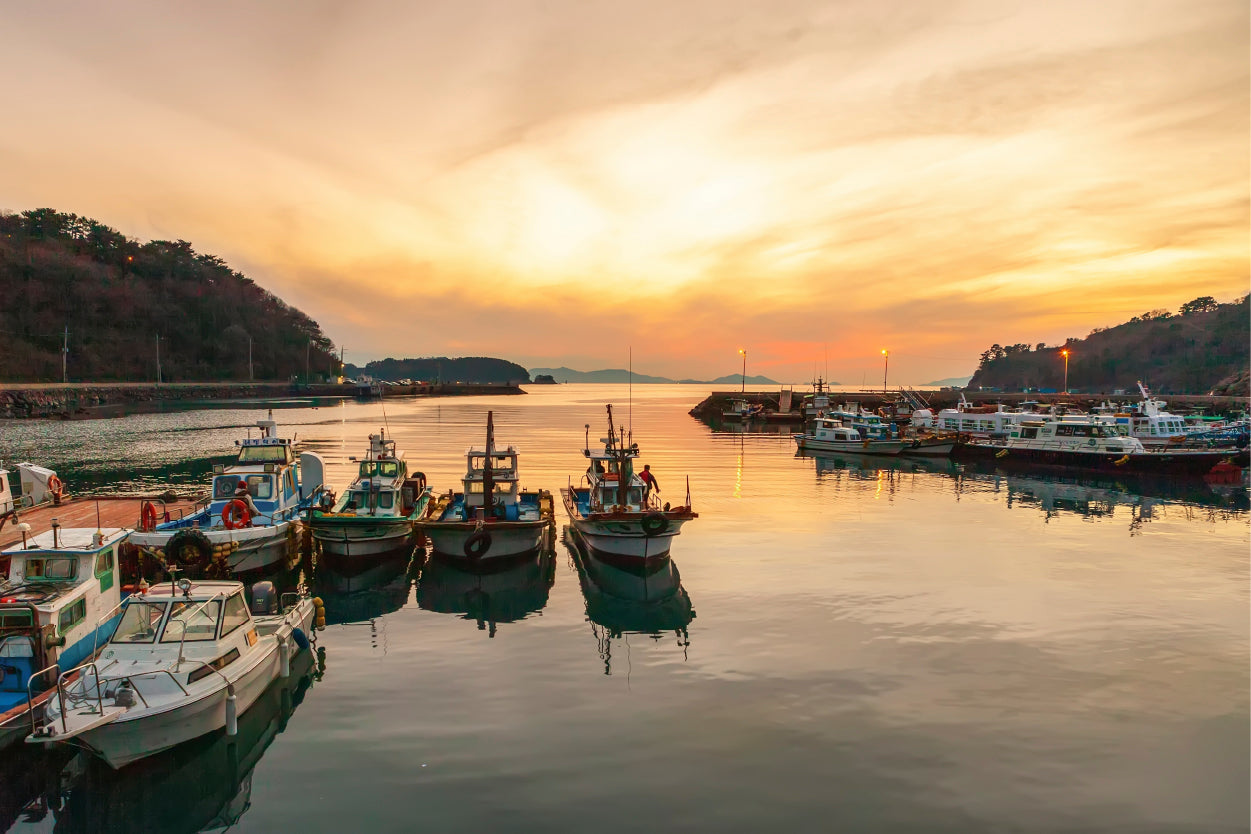 Golden sunset over fishing boats at Tongyeong, South Korea  Wall Art Decor 100% Australian Made