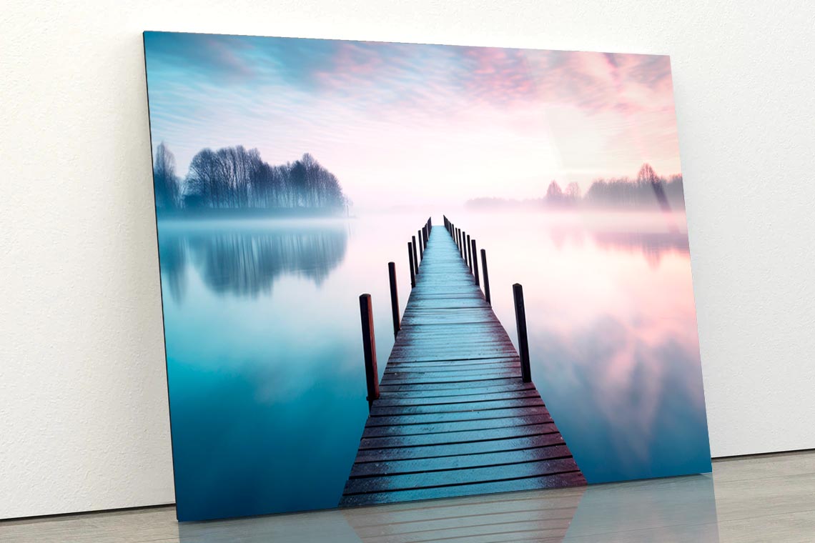 Lakeside View Featuring a Wooden Pier  Acrylic Glass Print Tempered Glass Wall Art 100% Made in Australia Ready to Hang - Bella Home Decor