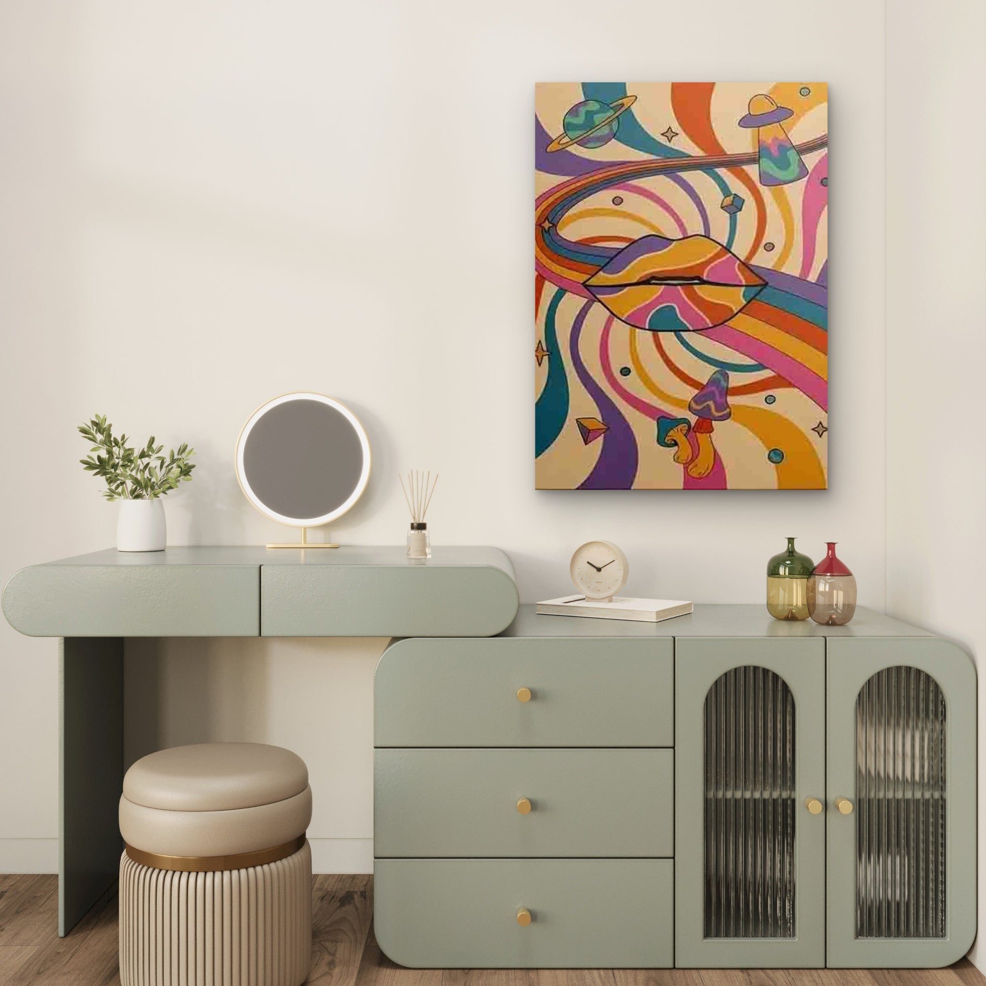 Psychedelic Lips with Swirls, Planets, UFO, Mushrooms 60x90cm Metal Print Ready to Hang - Bella Home Decor