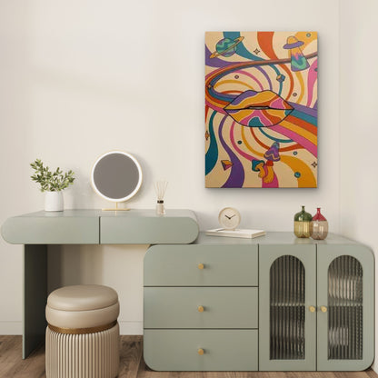 Psychedelic Lips with Swirls, Planets, UFO, Mushrooms Metal Print Ready to Hang - Bella Home Decor