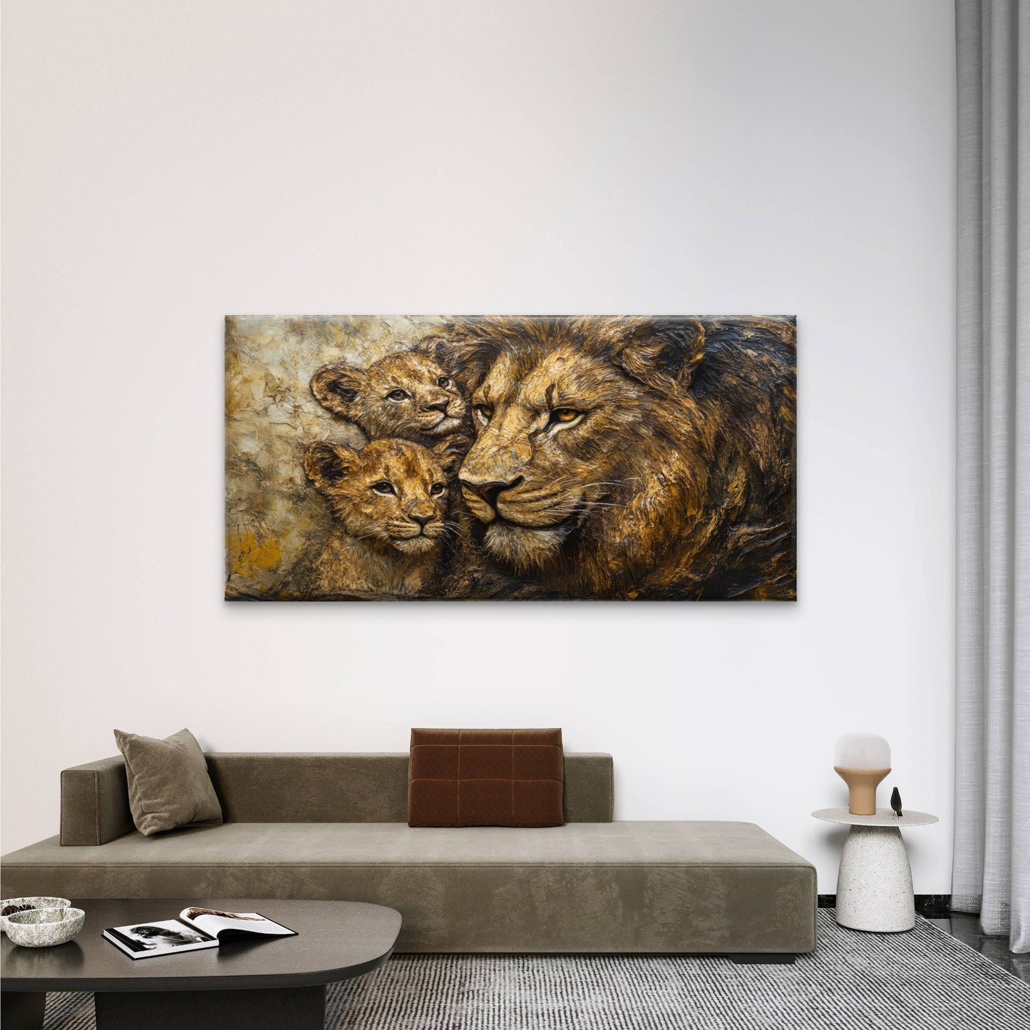 Modern Textured Bronze Lion and Cubs Wall Art Canvas Office Home Framed 120x60cm
