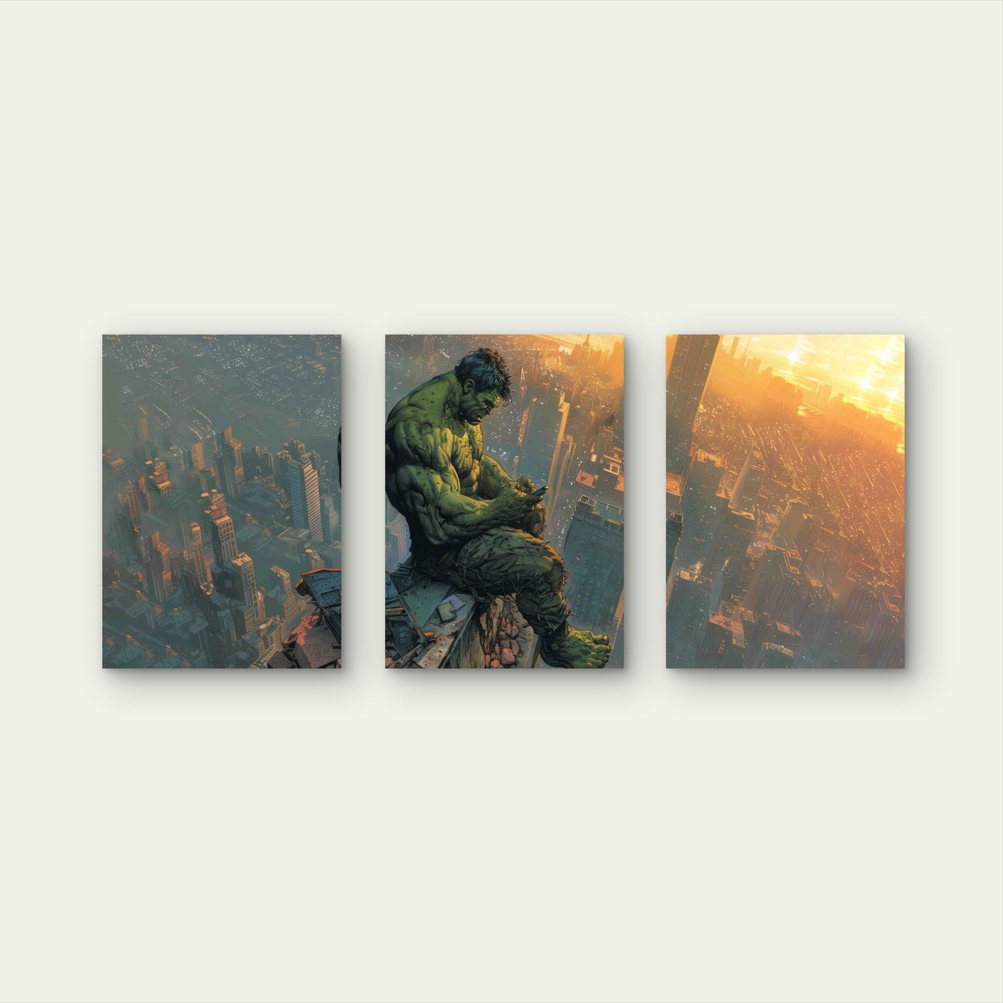 3pcs Comic Giant on Skyscraper Overlooking Sunset Metal Print Ready to Hang Art