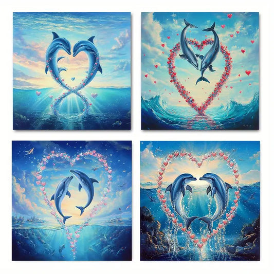 4pcs  Dolphins Forming Heart Shapes   Dolphins   Wall Art Canvas Framed