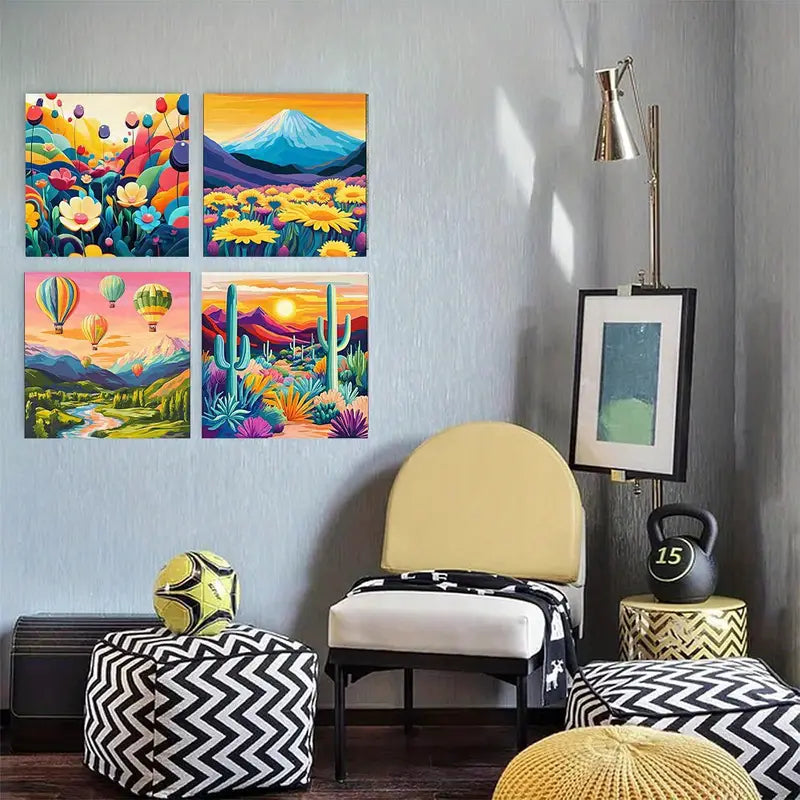 4pcs Hot Air Balloons, Cacti  Wall Art Canvas Framed