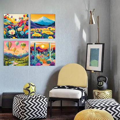 4pcs Hot Air Balloons, Cacti  Wall Art Canvas Framed