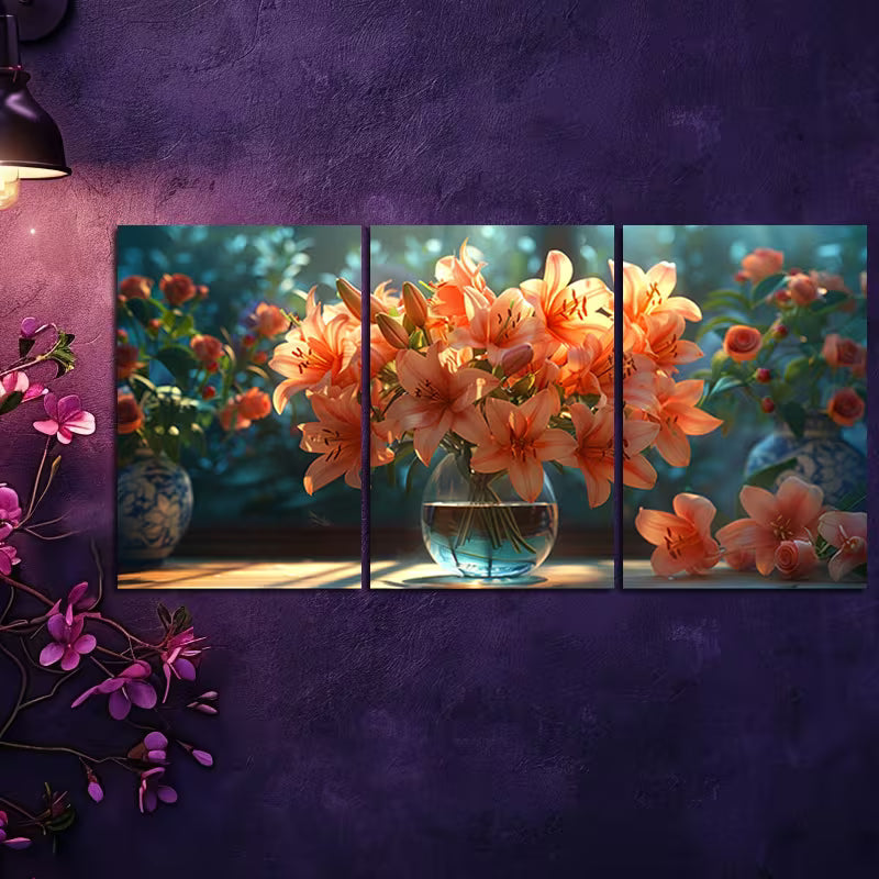 3pcs Lush Green Foliage & Blooming Flowers Wall Art Set Canvas Framed 40x60cm - High Quality Print 100% Australian Made Wall Canvas Ready to Hang