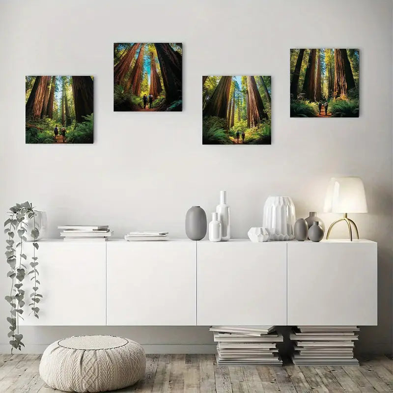4pcs Nature Scene With Sunlight & Hikers Wall Art Canvas Framed