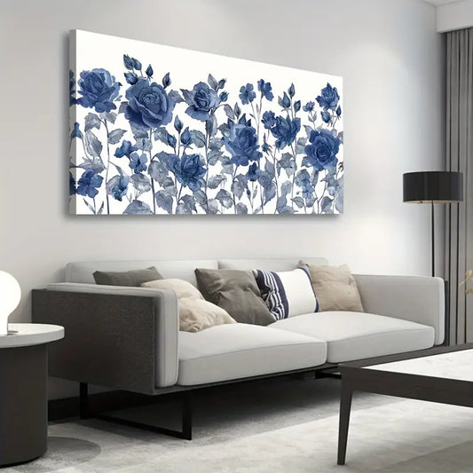 Blue Roses Botanical Blossom Nature Wall Art canvas office home room framed 120x60cm - Bella Home Decor