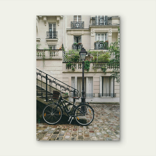 Bicycle With French Buildings 60x90cm Metal Print Ready to Hang