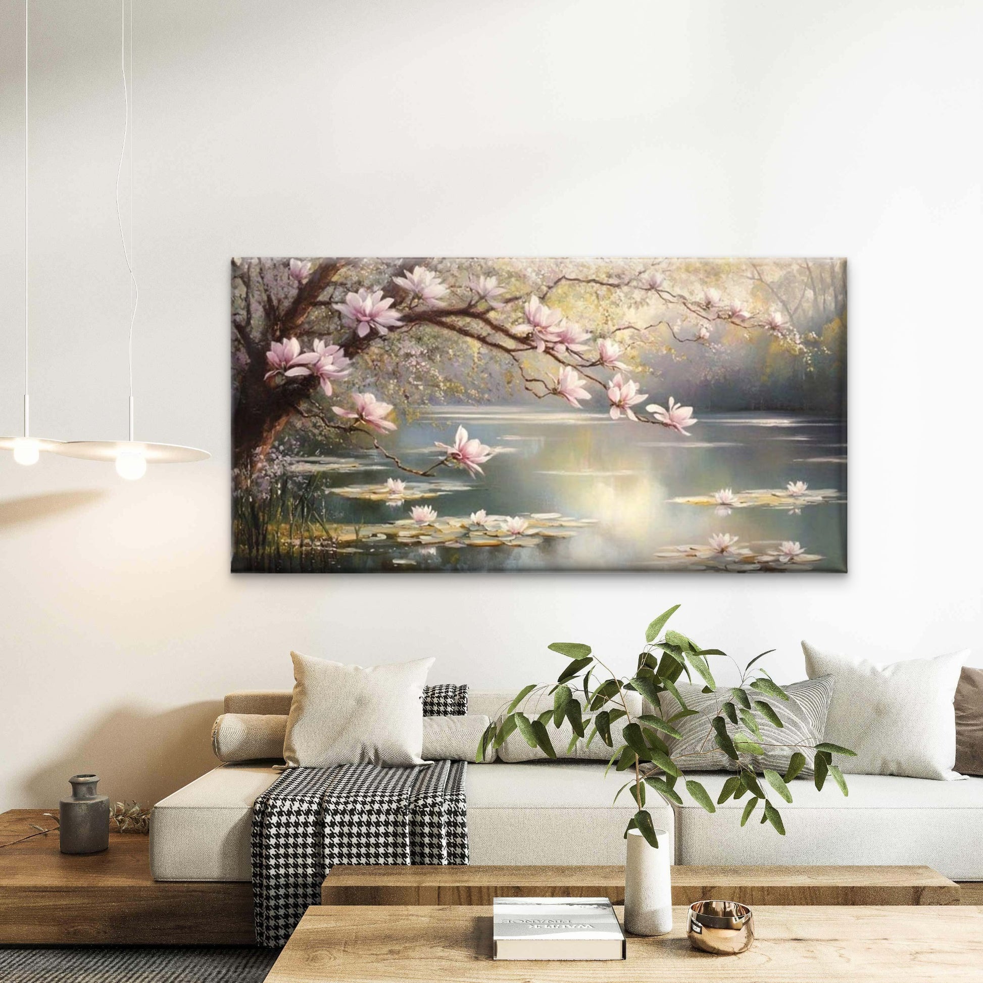 Blossoms Over Serene Lake Wall Art Canvas Office Home Room Framed 120x60cm - Bella Home Decor