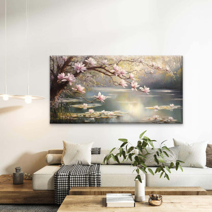 Blossoms Over Serene Lake Wall Art Canvas Office Home Room Framed 120x60cm - Bella Home Decor