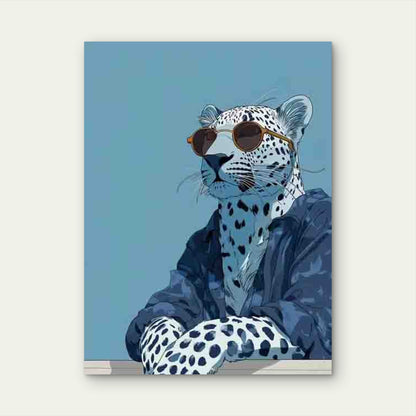 Navy Blue Leopard in Fashion Glasses 60x90cm Metal Print Ready to Hang
