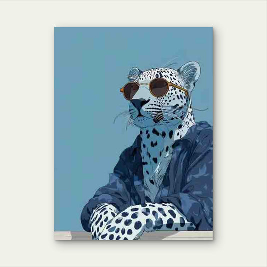Navy Blue Leopard in Fashion Glasses Metal Print Ready to Hang