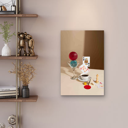 A Surreal Still Life Of Coffee And Classic Games 60x90cm Metal Print Ready to Hang - Bella Home Decor