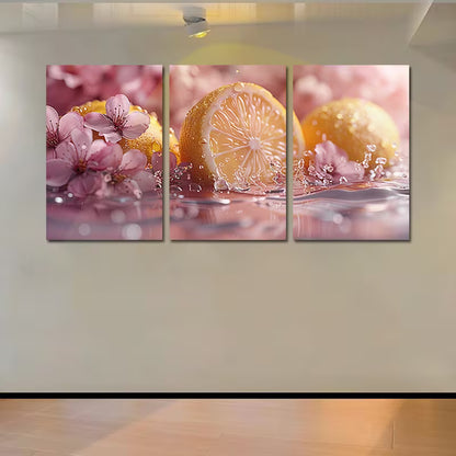 3pcs lemon and cherry blossom in water Wall Art Set Canvas Framed 60x90cm - High Quality Print 100% Australian Made Wall Canvas Ready to Hang