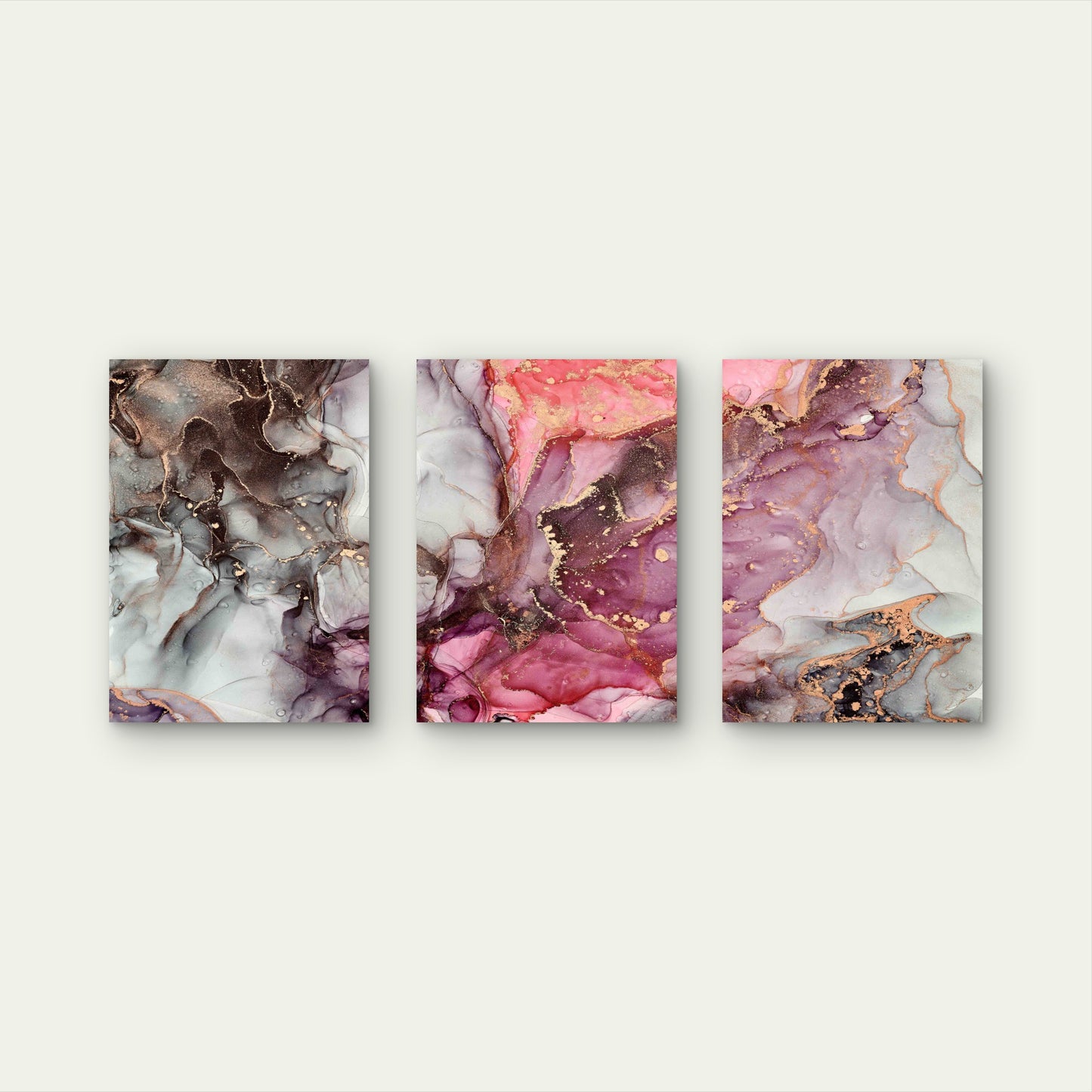 3pcs Rose and Charcoal Alcohol Ink Metal Print Ready to Hang Art - Bella Home Decor