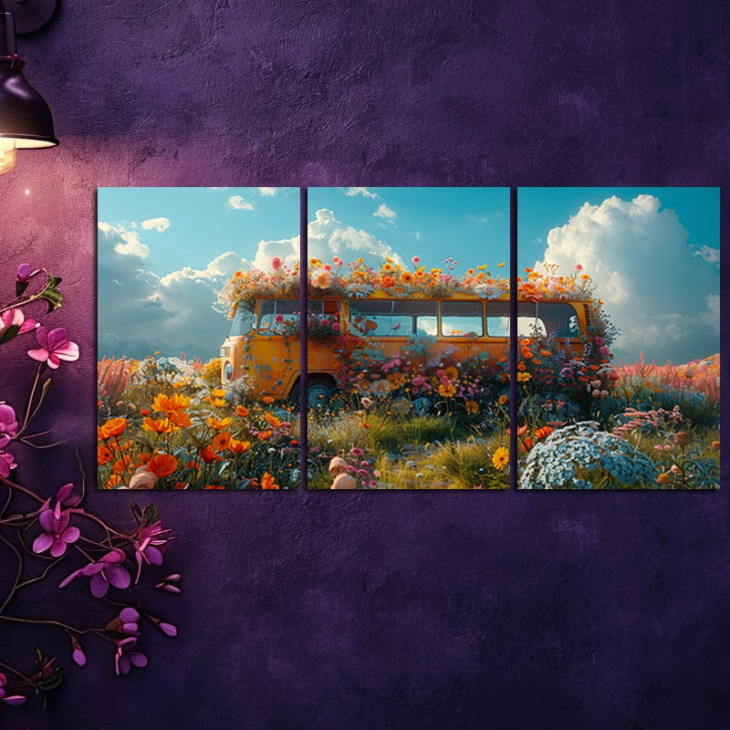 3pcs Vintage Yellow Bus in Wildflower Field Wall Art Set Canvas Framed 40x60cm - High Quality Print 100% Australian Made Wall Canvas Ready to Hang