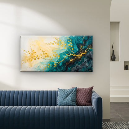 Abstract Gold Branches Teal Fluid Art Swirls Wall Art Canvas Office Home Room Framed 120x60cm