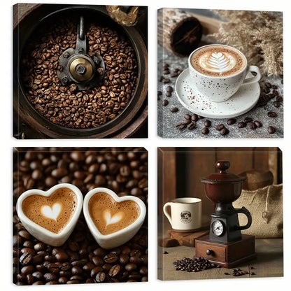 4pcs  Coffee Bean Paintings, Coffee Grinder   Wall Art Canvas Framed