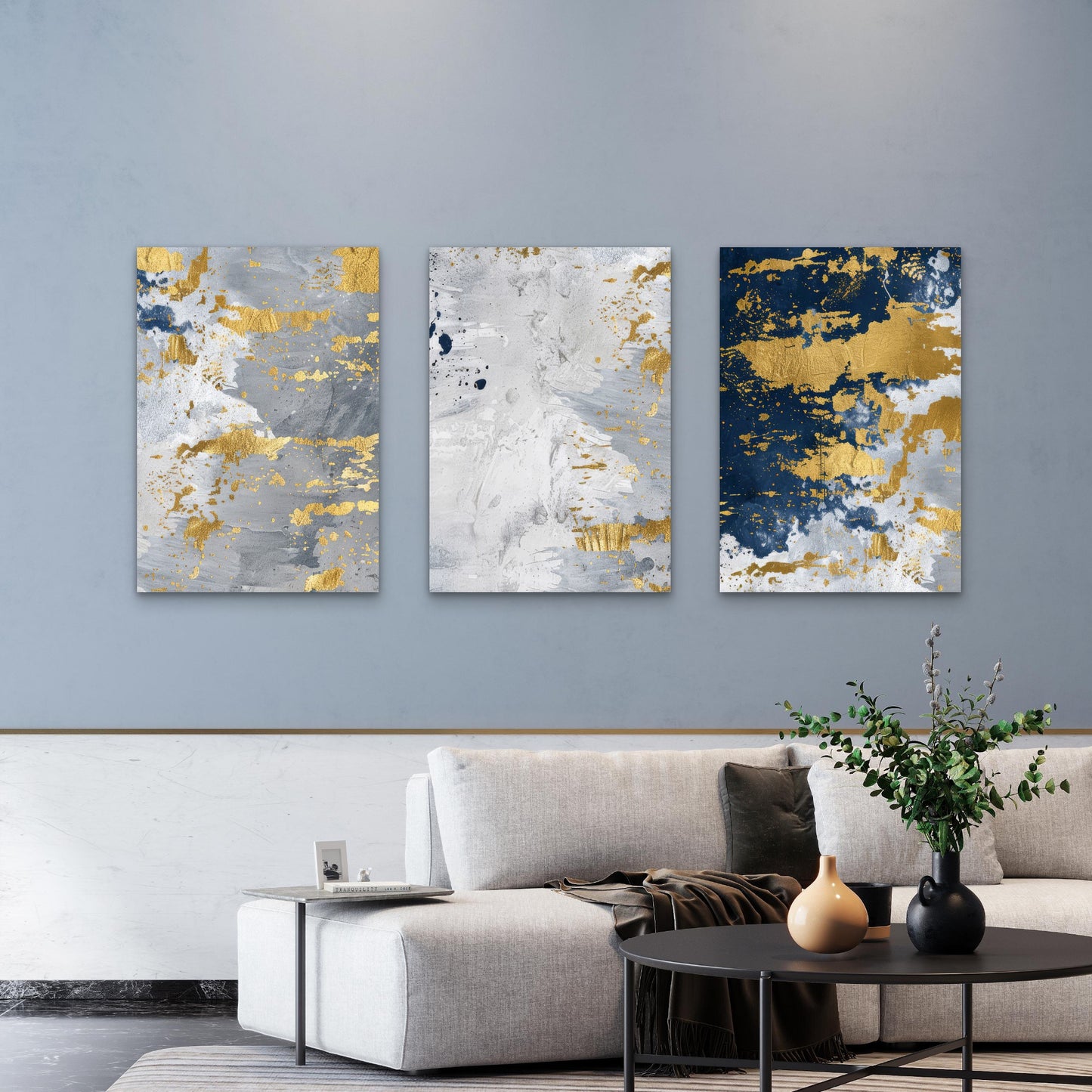 3pcs Modern Navy Blue Grey Gold Foil Abstract  Wall Art Set Canvas Framed 50x70cm - High Quality Print 100% Australian Made Wall Canvas Ready to Hang