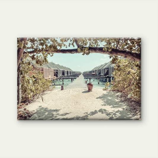 Wooden Jetty in a luxury beach resort, Baa Atoll, Maldives Neutral Vintage Canvas Print Wall Art Decor 100% Australian Made