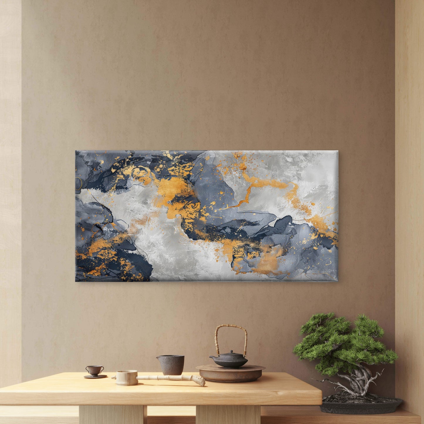 Midnight Gold Marble Flow Wall Art Canvas Office Home Room Framed 120x60cm - Bella Home Decor