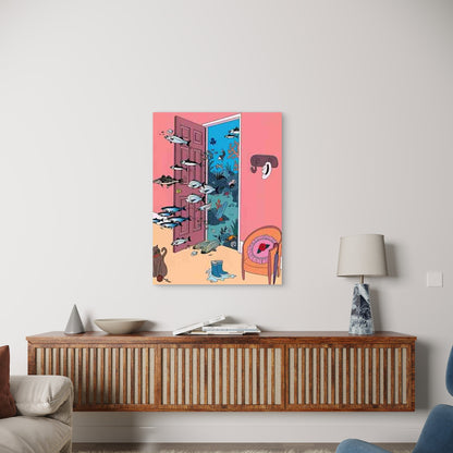 Whimsical Cat and Fish 60x90cm Metal Print Ready to Hang