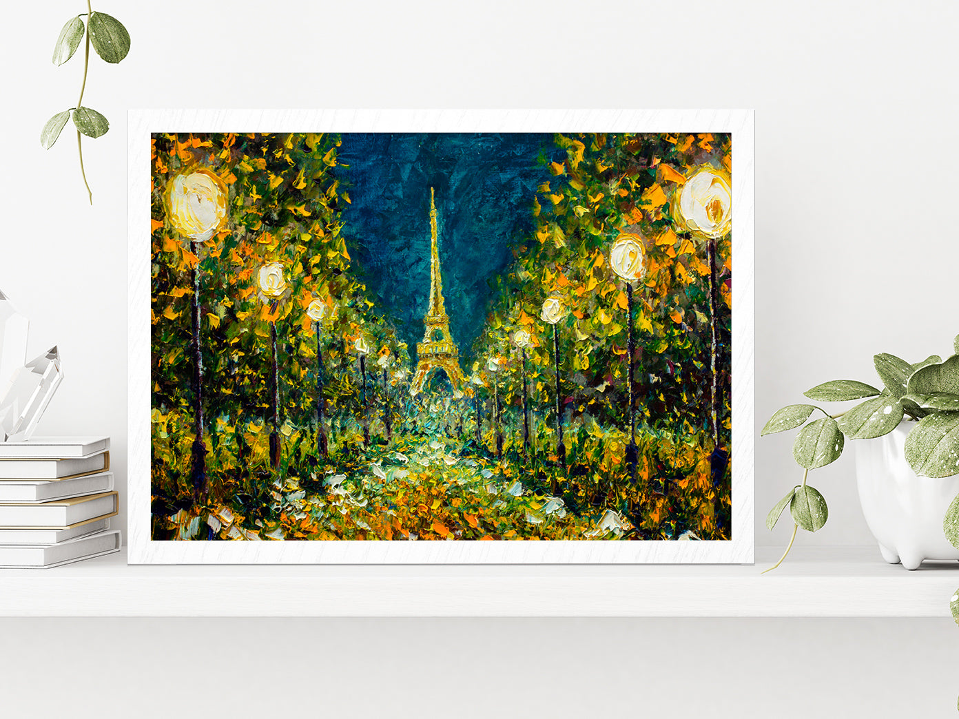 Paris European Night City Landscape & Eiffel Tower Glass Framed Wall Art, Ready to Hang Quality Print Without White Border White