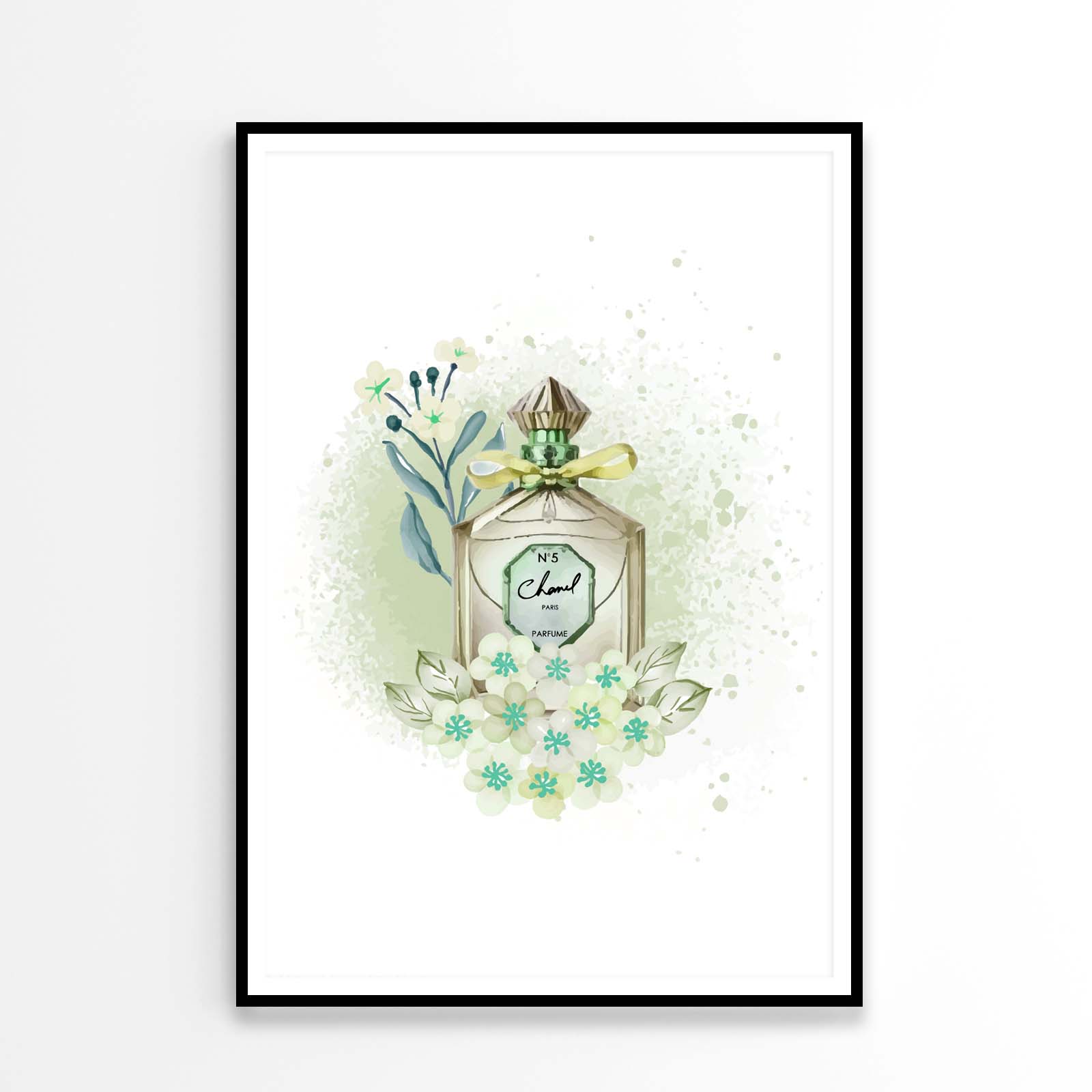 Green Colored Perfume with Flowers Design Home Decor Premium Quality Poster Print Choose Your Sizes